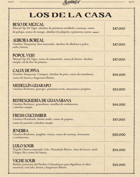 Alambique Medellín · Carta menú