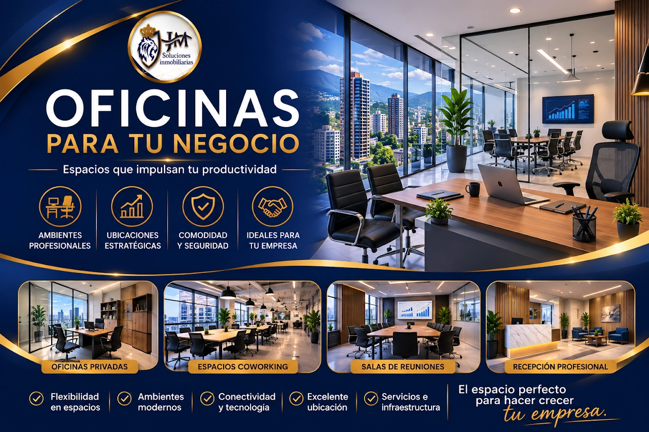 Oficinas amobladas y sin amoblar en edificios empresariales — coworking, suites privadas, salas de reuniones y parqueaderos de visitantes para empresas.