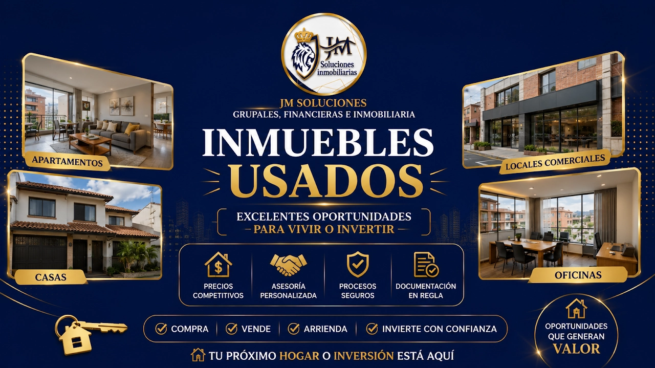 Inmuebles Usados disponibles en el portafolio de JM Soluciones Inmobiliaria. Casas, apartamentos, locales y lotes en ciudades principales con documentación al día.