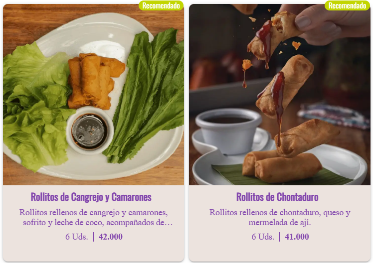 Platillos Voladores Cali · Menú 1: Rollitos Cangrejo y Camarones · Rollitos Chontaduro con precio