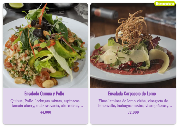 Platillos Voladores Cali · Menú 2: Ensalada Quinua y Pollo · Ensalada Carpaccio Lomo con precio
